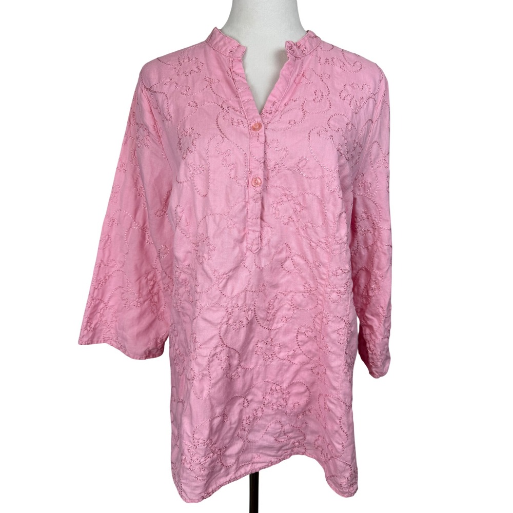 Kenar Woman 100% Linen Tunic 1X Pink Embroidered Split Neck 3/4 Sleeve Top